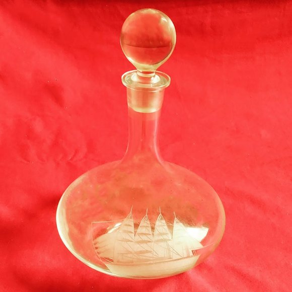 Vintage Tuscany Decanter with Stopper Etched Ship Design with Wide Base - Picture 1 of 4